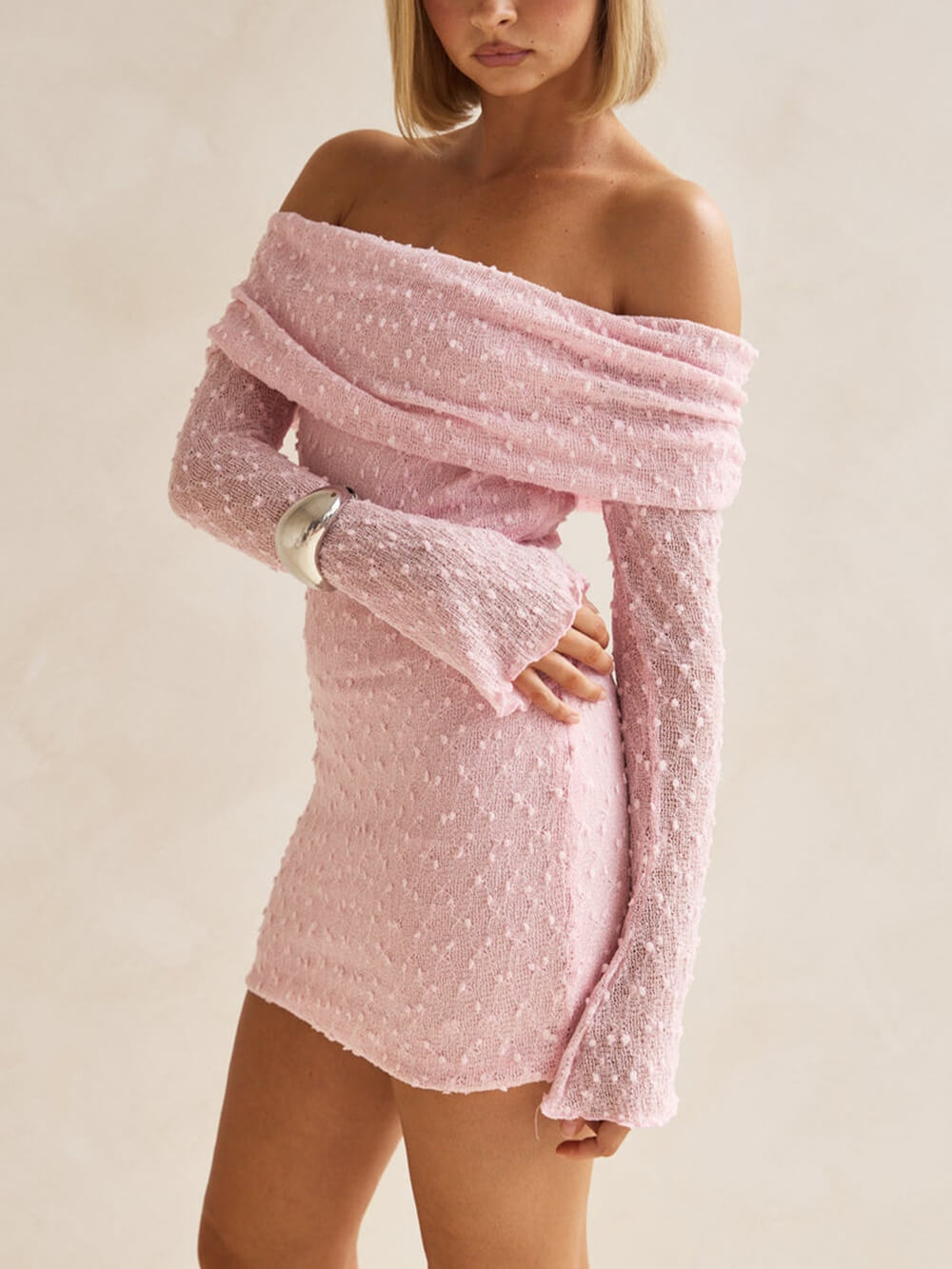 Zomer Boucle Brei Off-The-Shoulder Halslijn Prom Mini Jurk