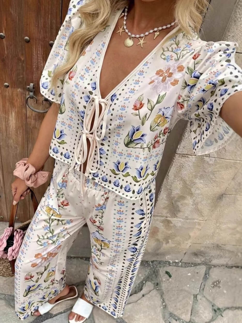Unieke Bloemenprint Tie-Front Top Hoge Taille Rechte Broek Set