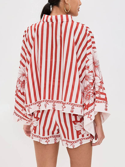 Unieke Bloemenprint Wijd Mouwen Shirt en Elastische Taille Zakshorts Set