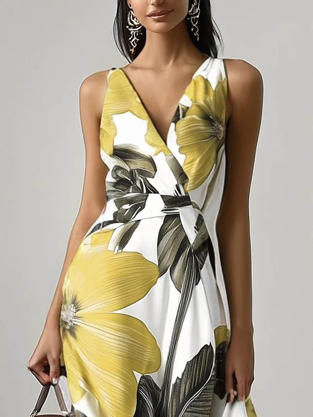 Elegante Bloemenprint Klassieke V-Hals Mouwloze A-Lijn Maxi Jurk