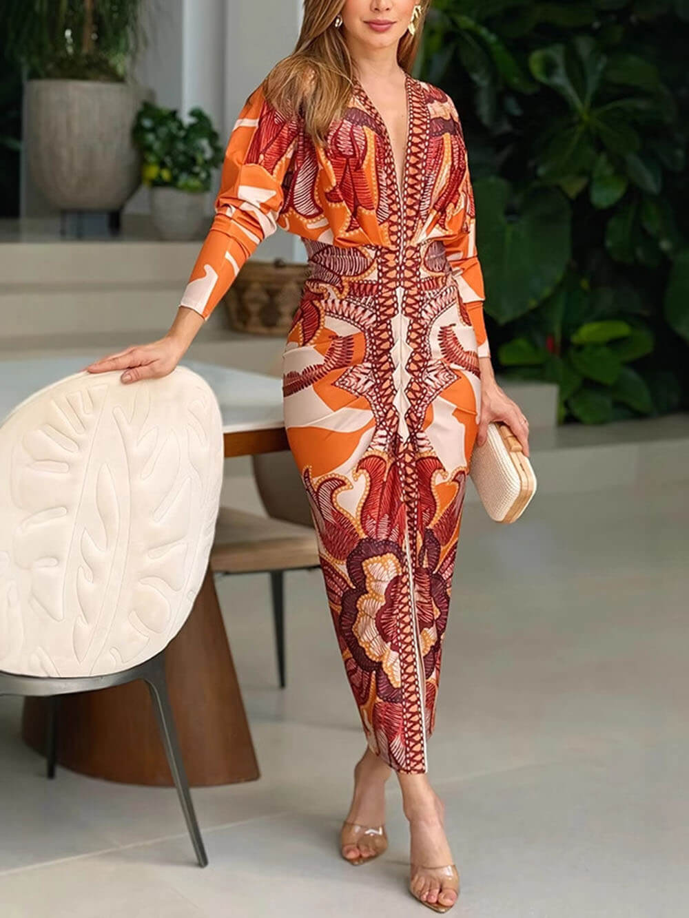 Elegante Bloemenprint Sexy V-Hals Lange Mouwen Split Jurk