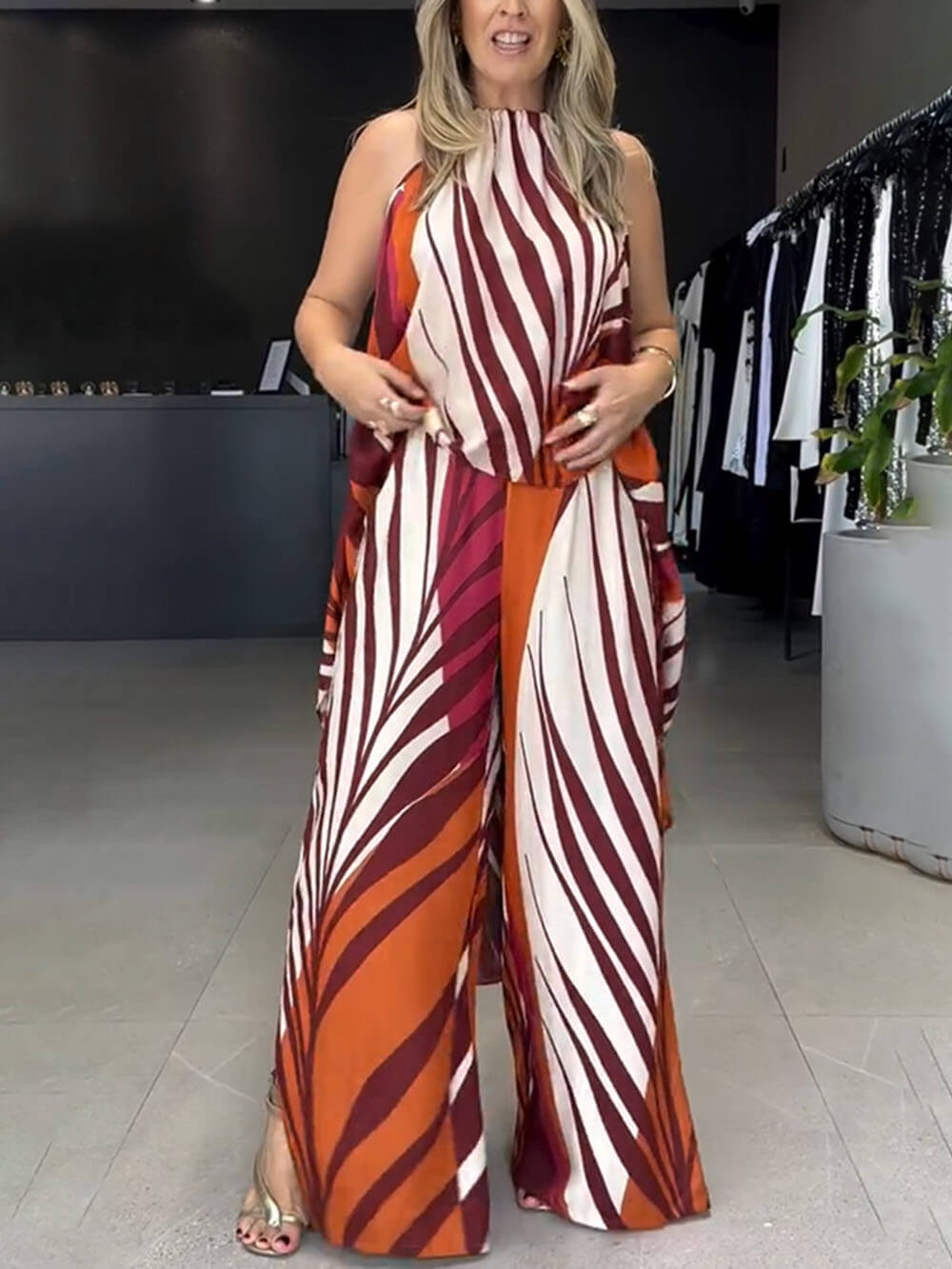 Modieuze Unieke Positionering Print Lange Mouwloze Top Brede Pantalon Set