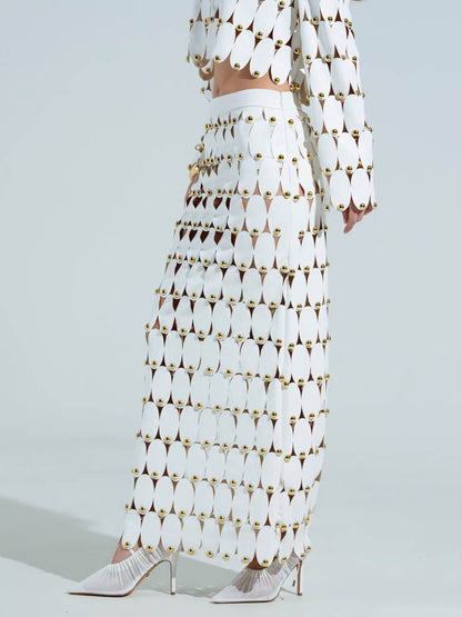 Exquise Cut-Out Studded PU Cropped Cardigan Top en Maxi Rok Set