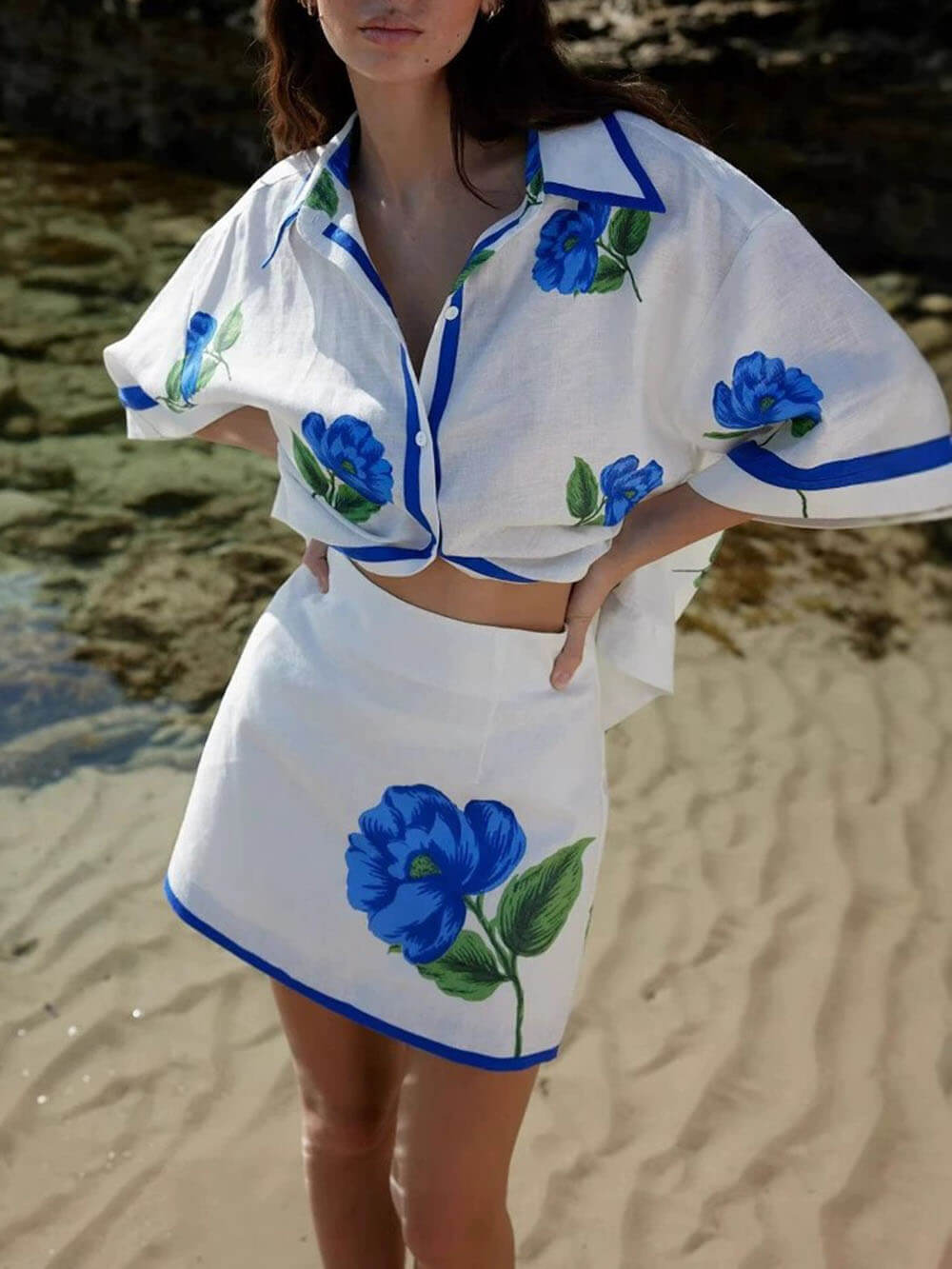 Casual Linnen Bloemenprint Voering Heup-Hugging Mini Rok Set