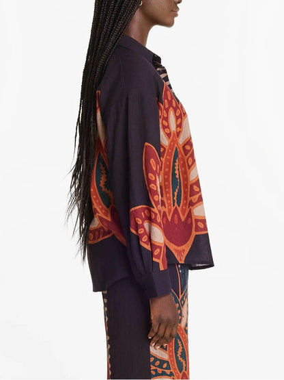 Exquise Bloemenprint Linnen Knop-Up Top En Losse Broek Set