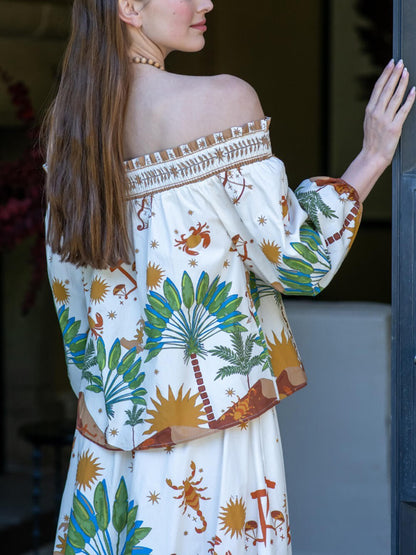 Moderne Unieke Satijnen Print Off-Shoulder Shirt en Elastische Taille Rok Set