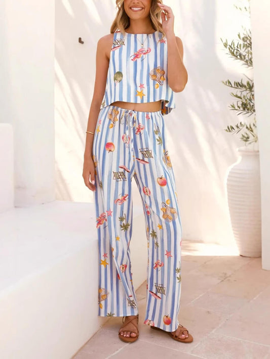 Casual Fruit Print Linnen Mouwloos Gestreept Set