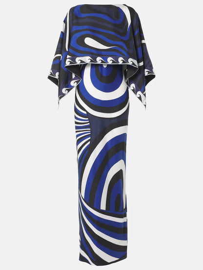 Exquise Swirl Regenboogprint Maxi Jurk en Losse Cape Top Set