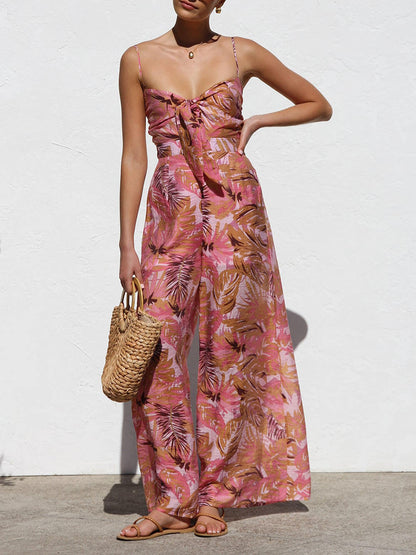 Delicate Botanische Print Spaghetti Band Resort Stijl Wijde Pantalon Jumpsuit