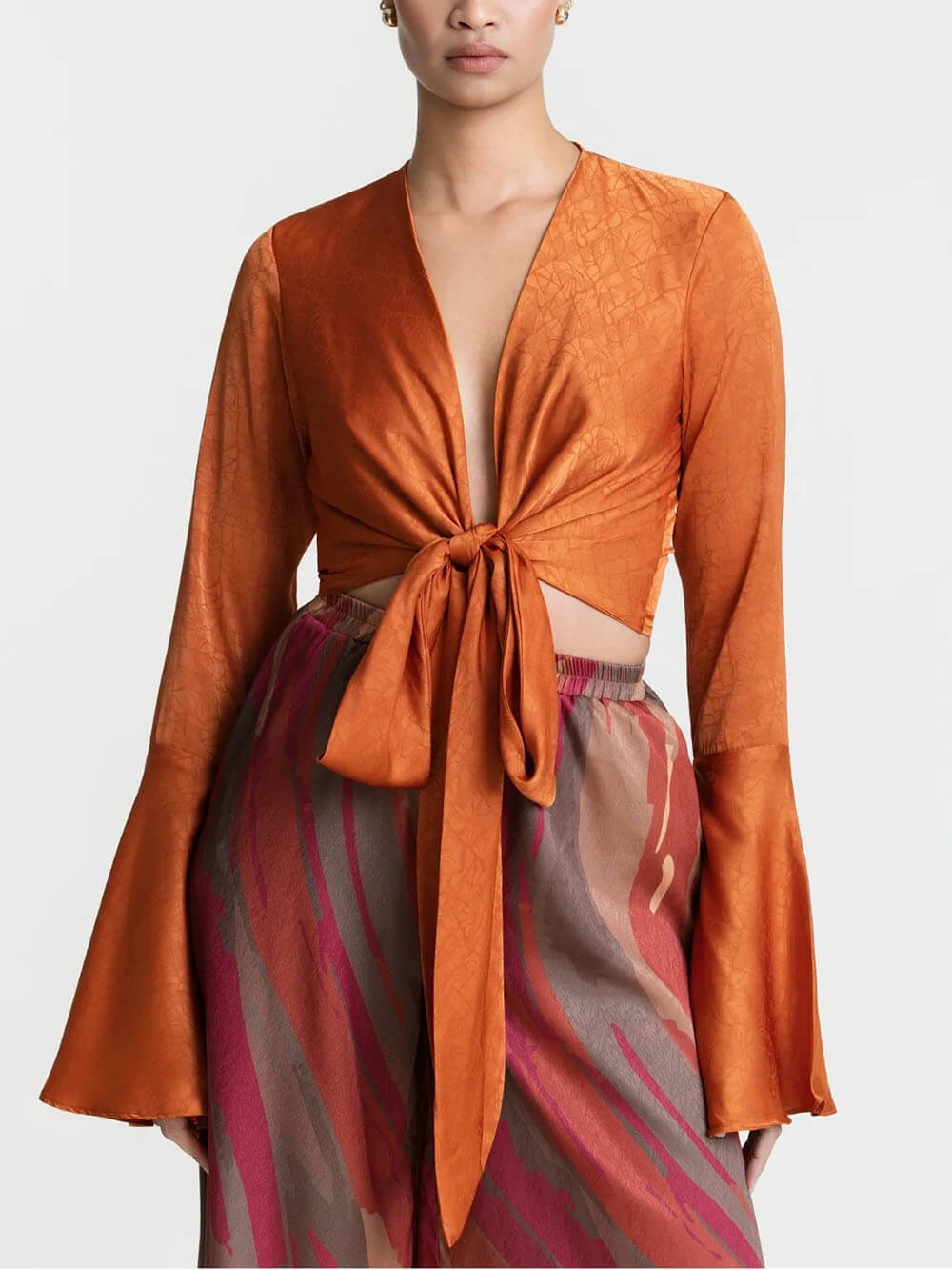 Casual Bell-Sleeve Tie-Up Top met Kleurrijke Print Hoge Taille Wijde Broek Set