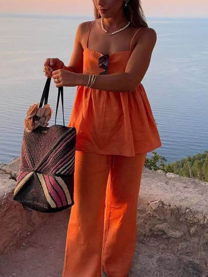 Classic Solid Color Casual Suspender Loose Top en Elastische Taille Wijd Been Broek Set