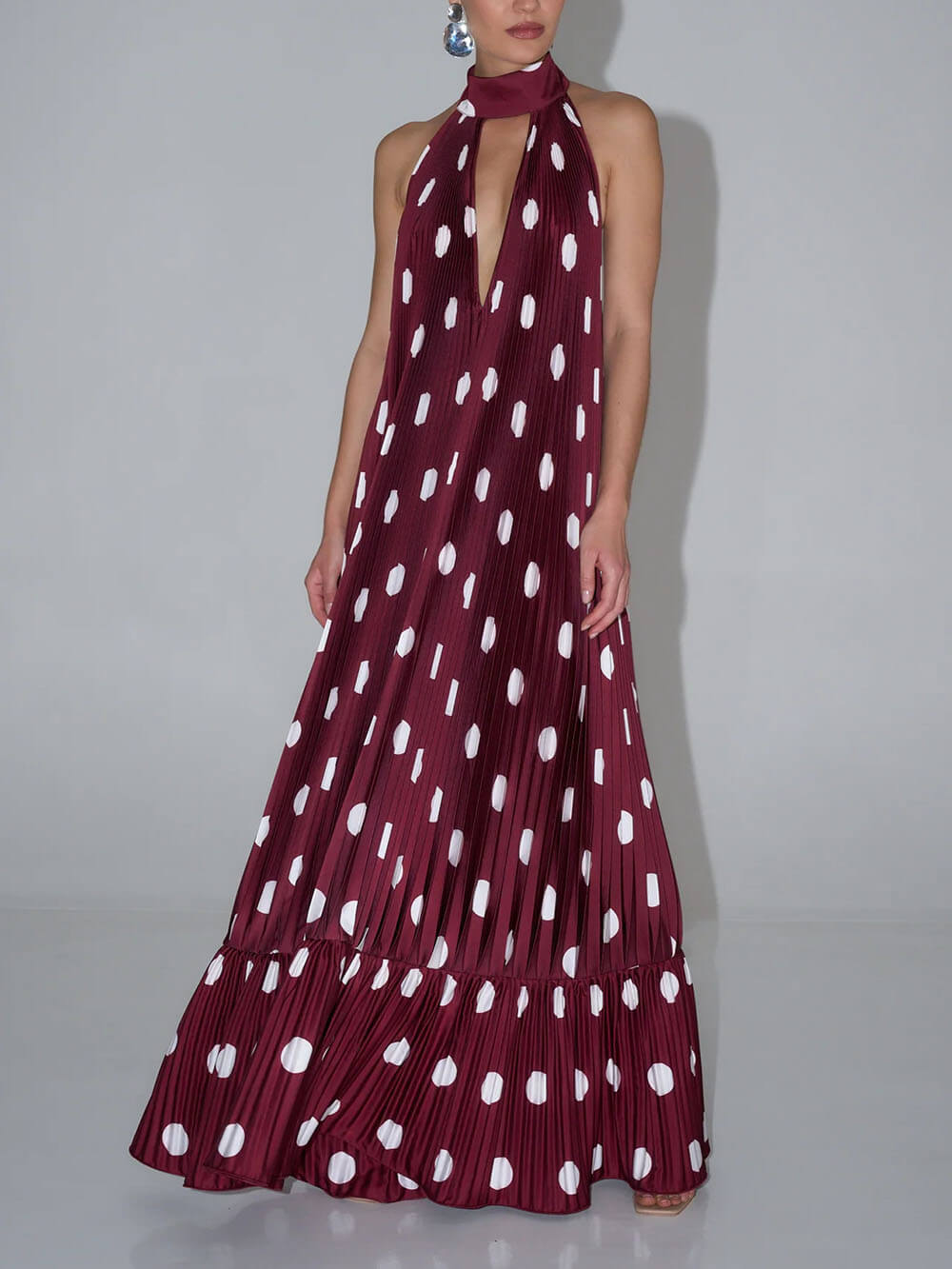 Elegante Polka Dot Rugloze Halter Avondjurk Maxi Jurk