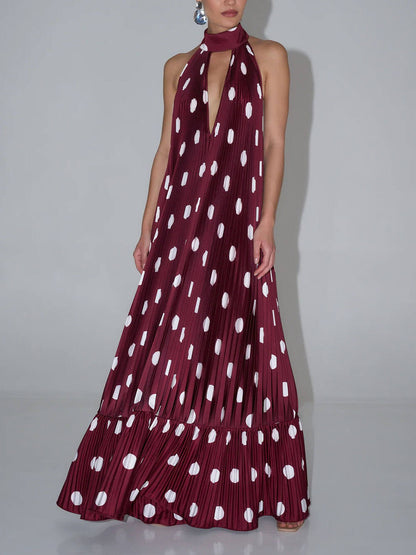 Elegante Polka Dot Rugloze Halter Avondjurk Maxi Jurk