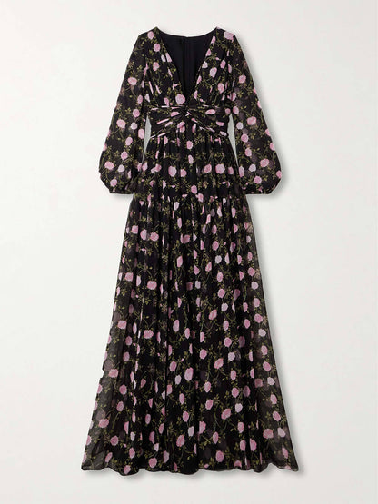 Romantische Exquise Geplooide Bloemenprint Chiffon Maxi Jurk