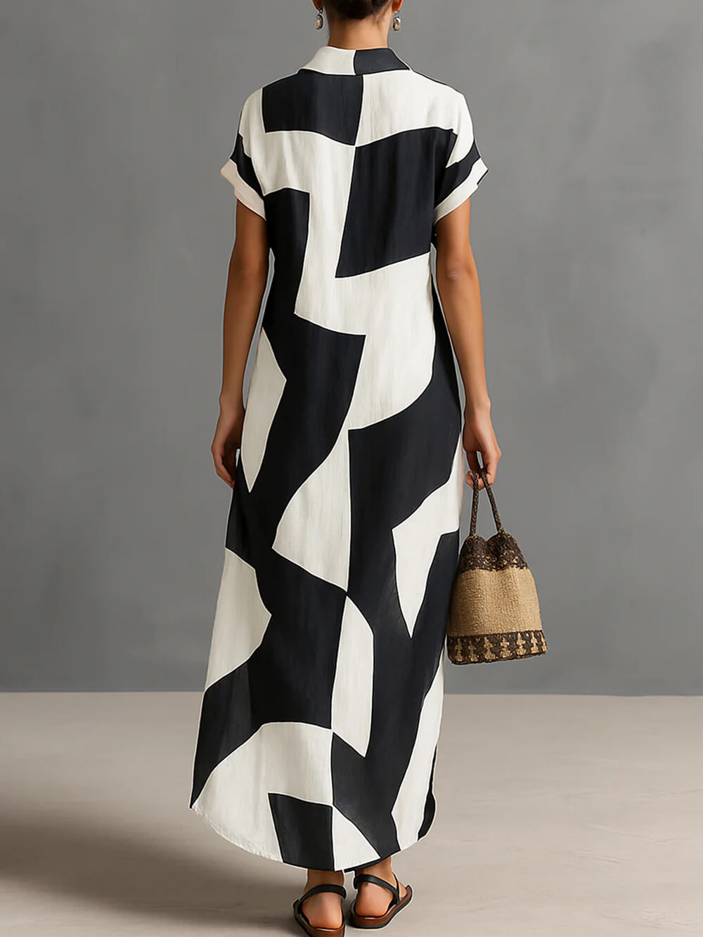 Exquise Irregulaire Geometrische Print Kraag Enkel-Breasted Korte Mouwen Maxi Shirt Jurk