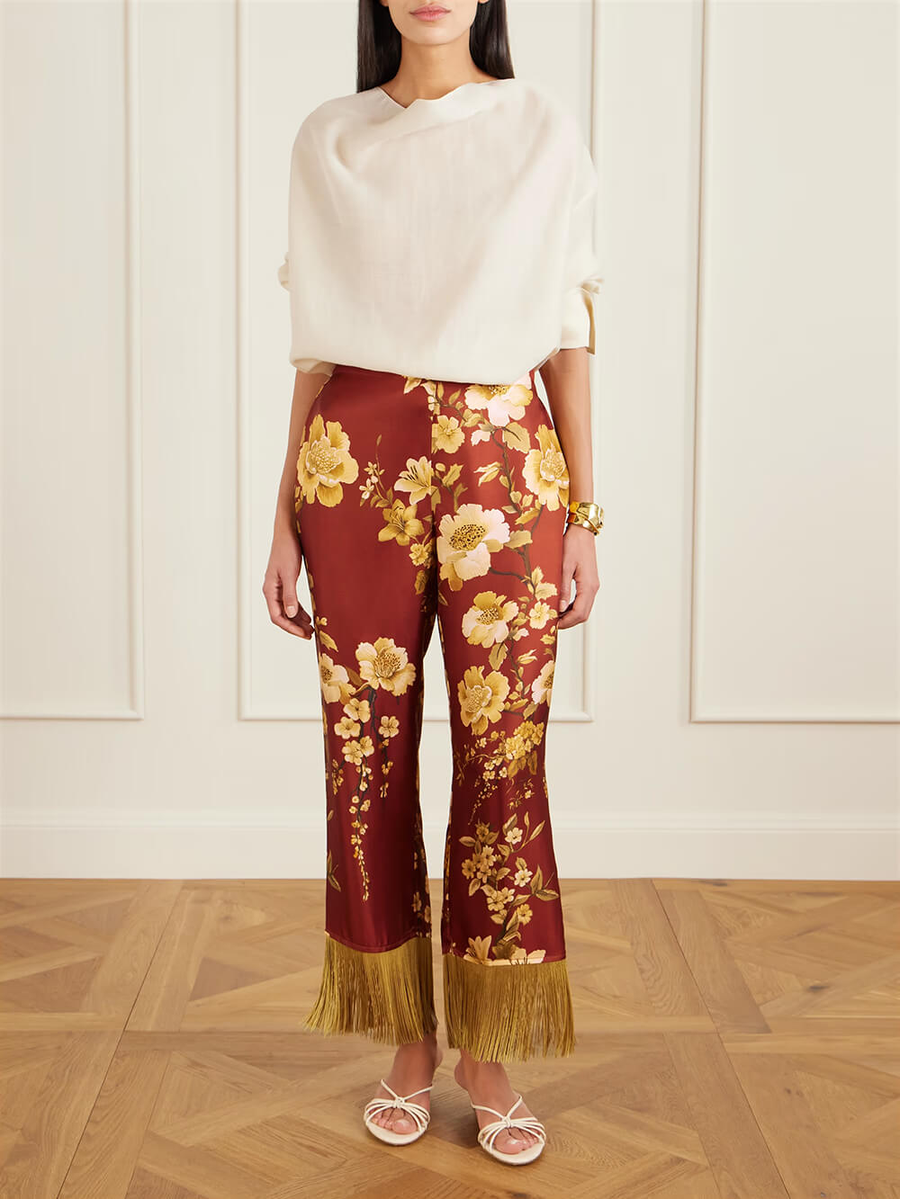 Exquise Franje Bloemenprint Satijnen Shirt en Elastische Taille Wijde Pantalon Set