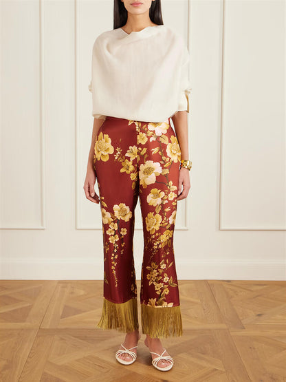 Exquise Franje Bloemenprint Satijnen Shirt en Elastische Taille Wijde Pantalon Set