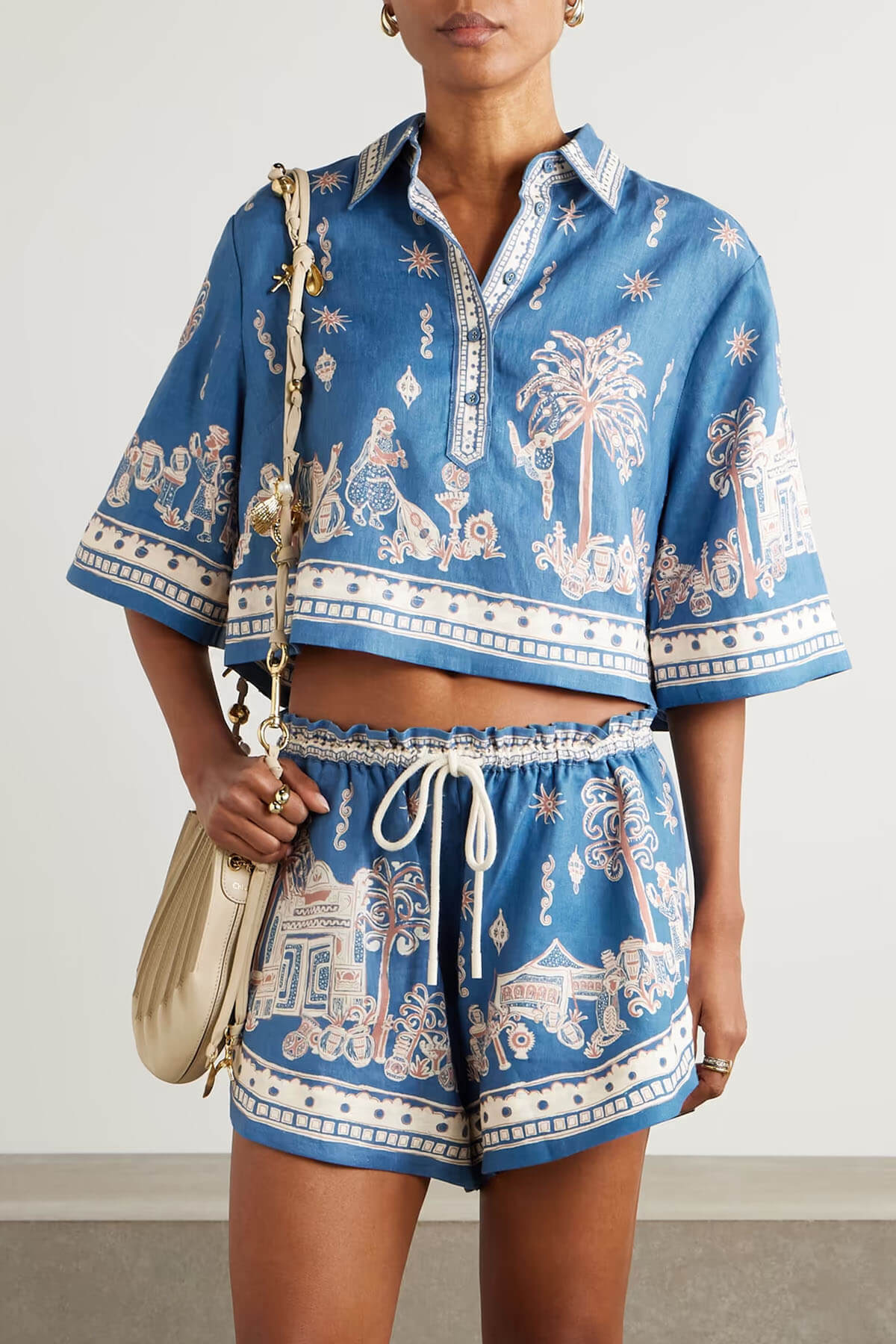 Unieke Bloemenprint Linnen Korte Mouwen Shirt en Shorts Set