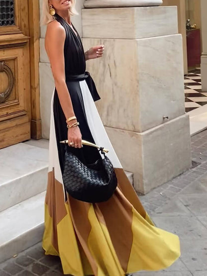 Elegante Geometrische Patchwork Rugloze Maxi Jurk met Strik