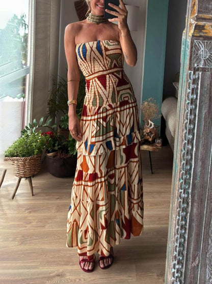 Chic Perfecte Stijl Uniek Bloemig Patroon Elastische Bandeau Maxi Jurk