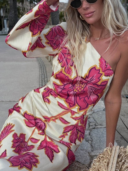 Unieke Satijnen Bloemenprint Een-Schouder Flared Maxi Jurk