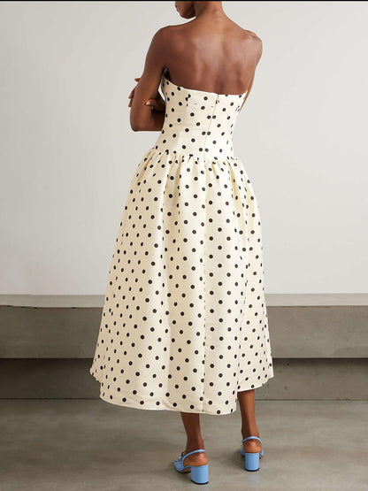 Klassieke Polka-Dot Print Satijnen Midi Jurk