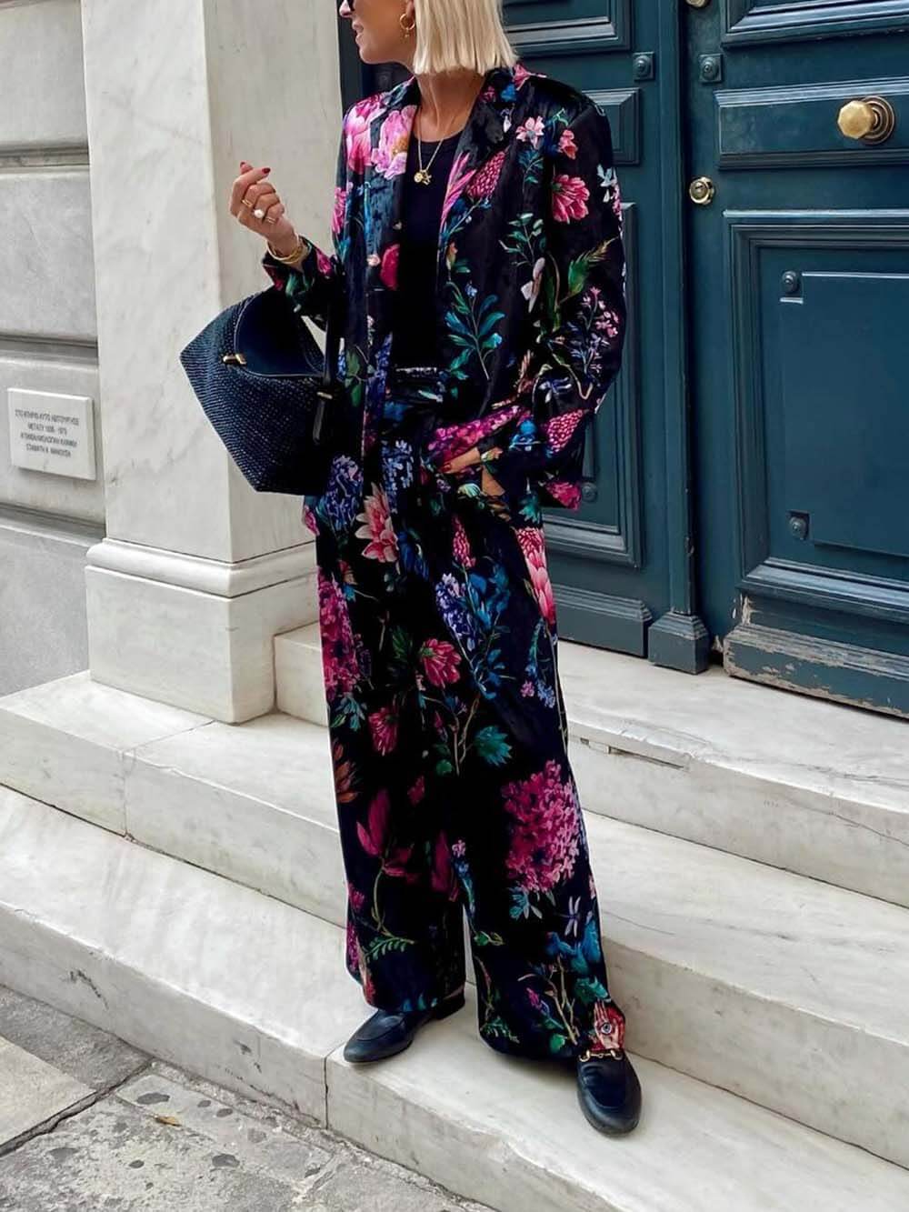 Retro Bloemenprint Blazer & Hoge Taille Wijde Pantalon Set