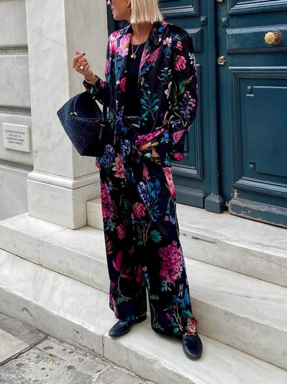 Retro Bloemenprint Blazer & Hoge Taille Wijde Pantalon Set