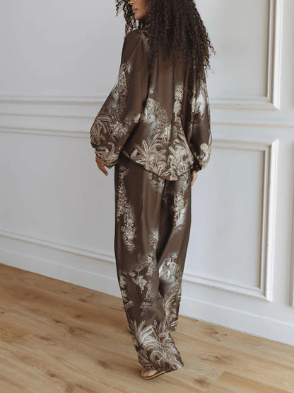 Unieke Bruine Bloemenprint Losse Top En Elastische Taille Wijde Pantalon Set