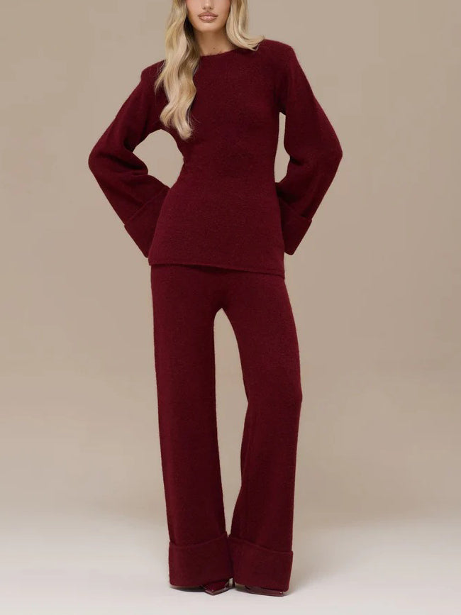 Elegante Flared Mouw Gebreide Top En Broek Tweedelige Set