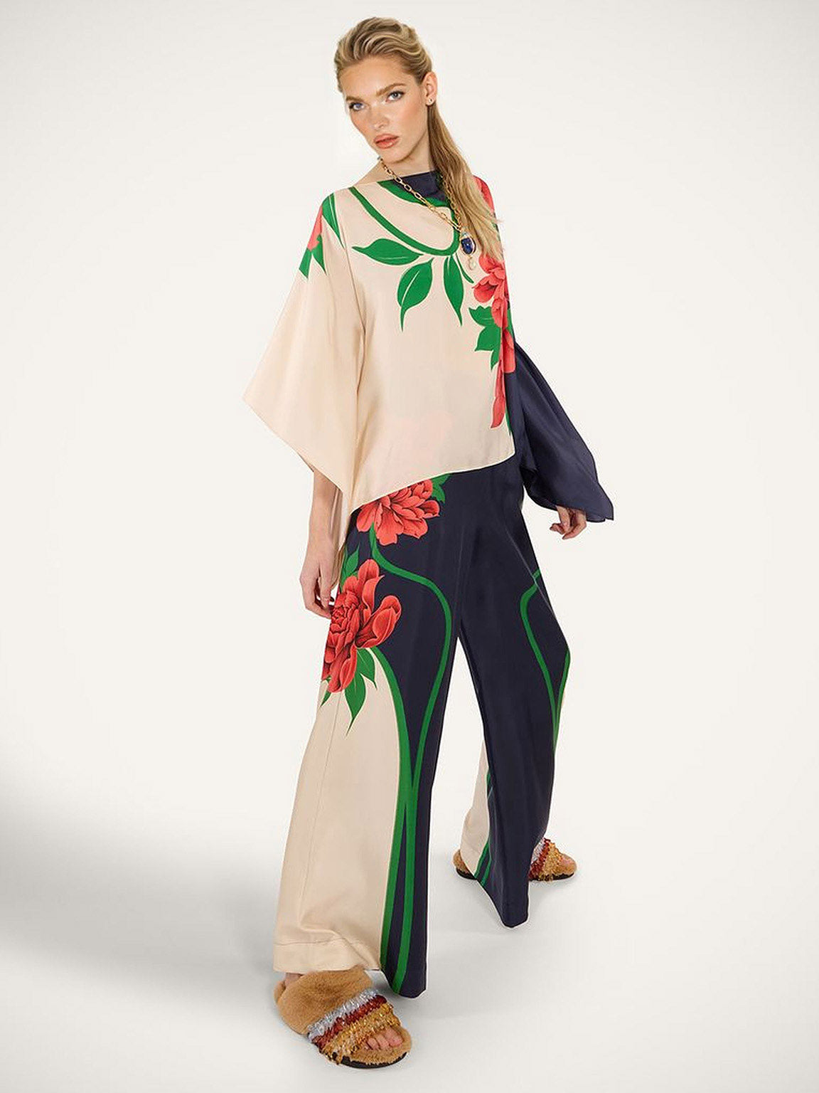 Paisley Print Asymmetrische Mouw Shirt & Brede Pantalon Twee-delige Set