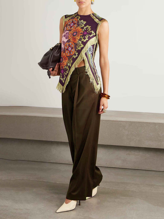 Unieke Retro Bloemenprint Tassel Vest Twee-delige Set