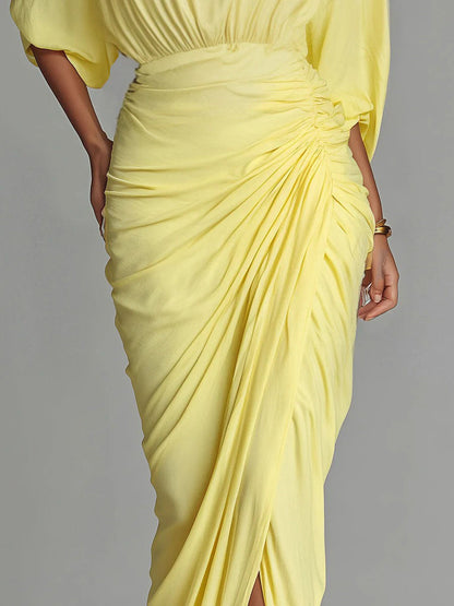 Elegante Hoge Hals Halve Mouw Geplooide Maxi Jurk
