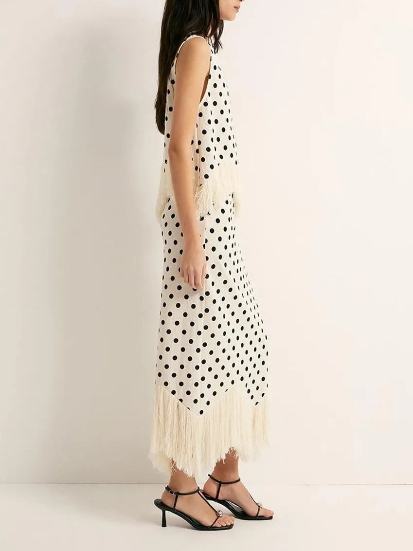 Elegante Polka Dot Fringed Asymmetrische Rok Twee-delige Set