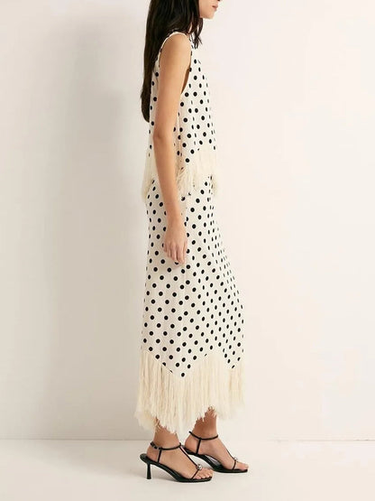 Elegante Polka Dot Fringed Asymmetrische Rok Twee-Delige Set