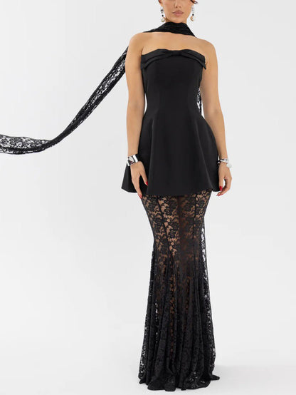 Elegante Strapless Mini Jurk En Kanten Maxi Rok Set