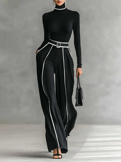 Elegante Hoge Taille Wijde Pantalon met Contrasterende Bies