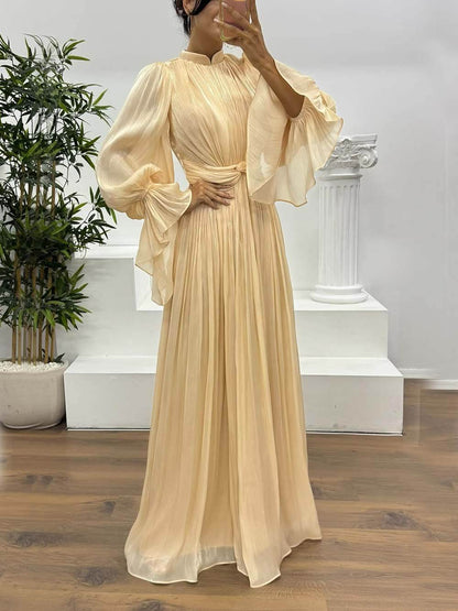 Modieuze Plissé Taille Lange Mouwen Chiffon Avond Maxi Jurk