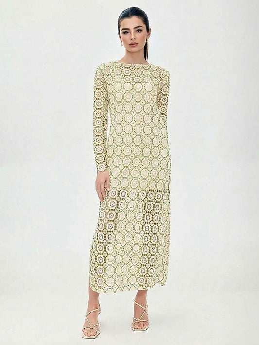 Elegante Maxi Jurk met Lange Mouwen van Haakwerk