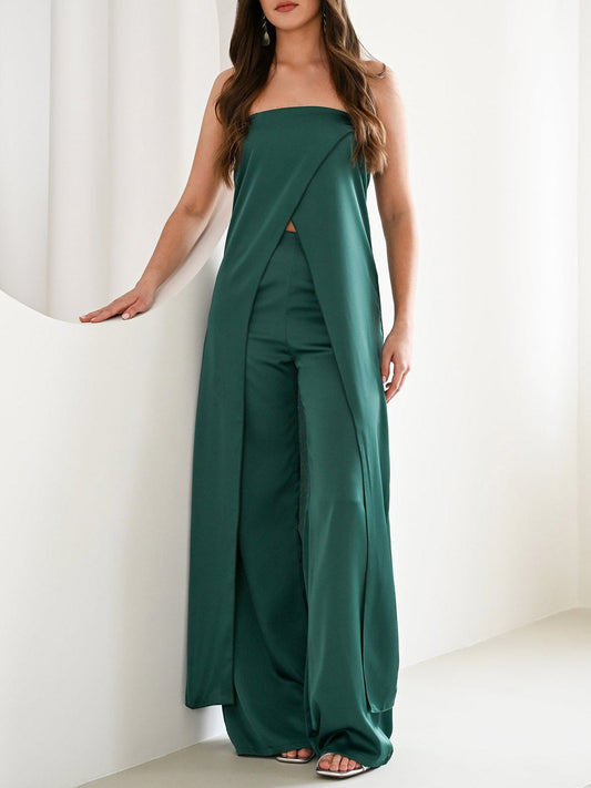 Elegante Strapless Satijnen Top & Broek Twee-delige Set