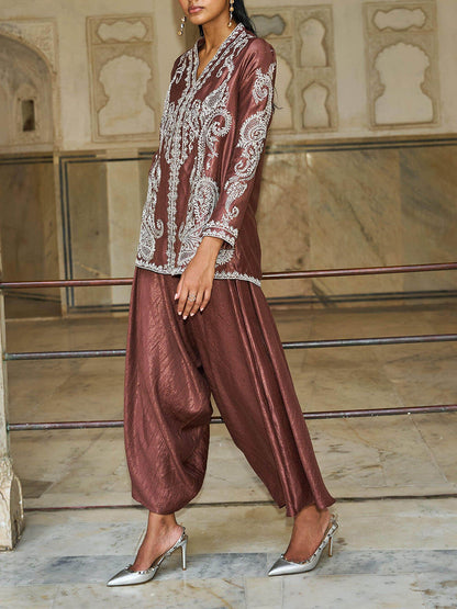 Uniek Paisley Patroon V-Hals Losse Top En Geplooide Harem Wijde Pantalon Set
