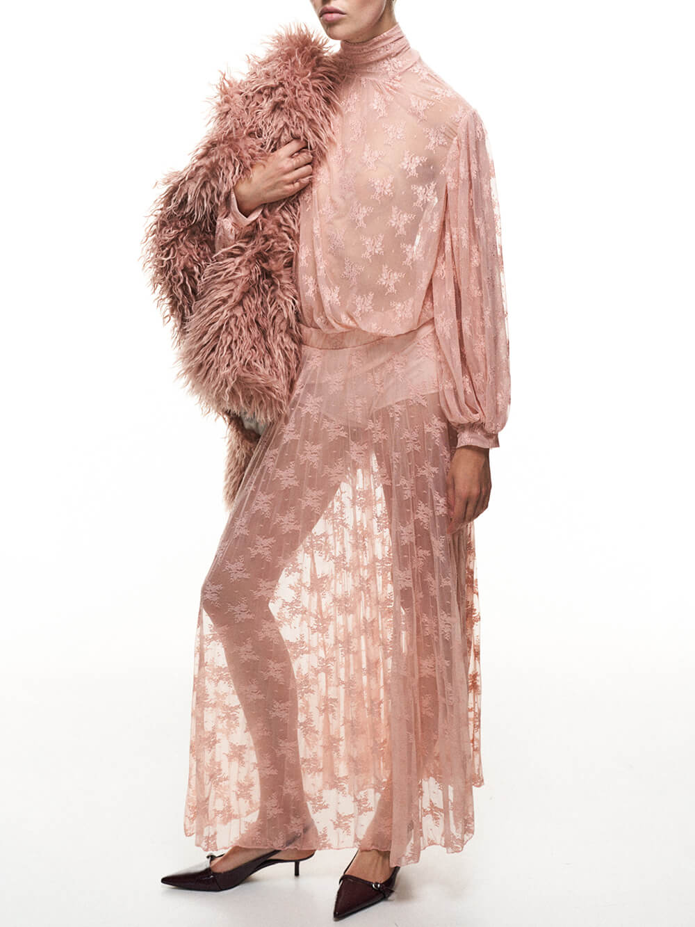 Elegante Mesh Ruffled Lace Hoge Hals Blouse & Elastische Taille Rok Set