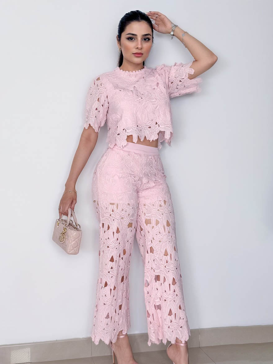 Elegante Kant Crop Top & Wijde Pantalon Twee-Delige Set