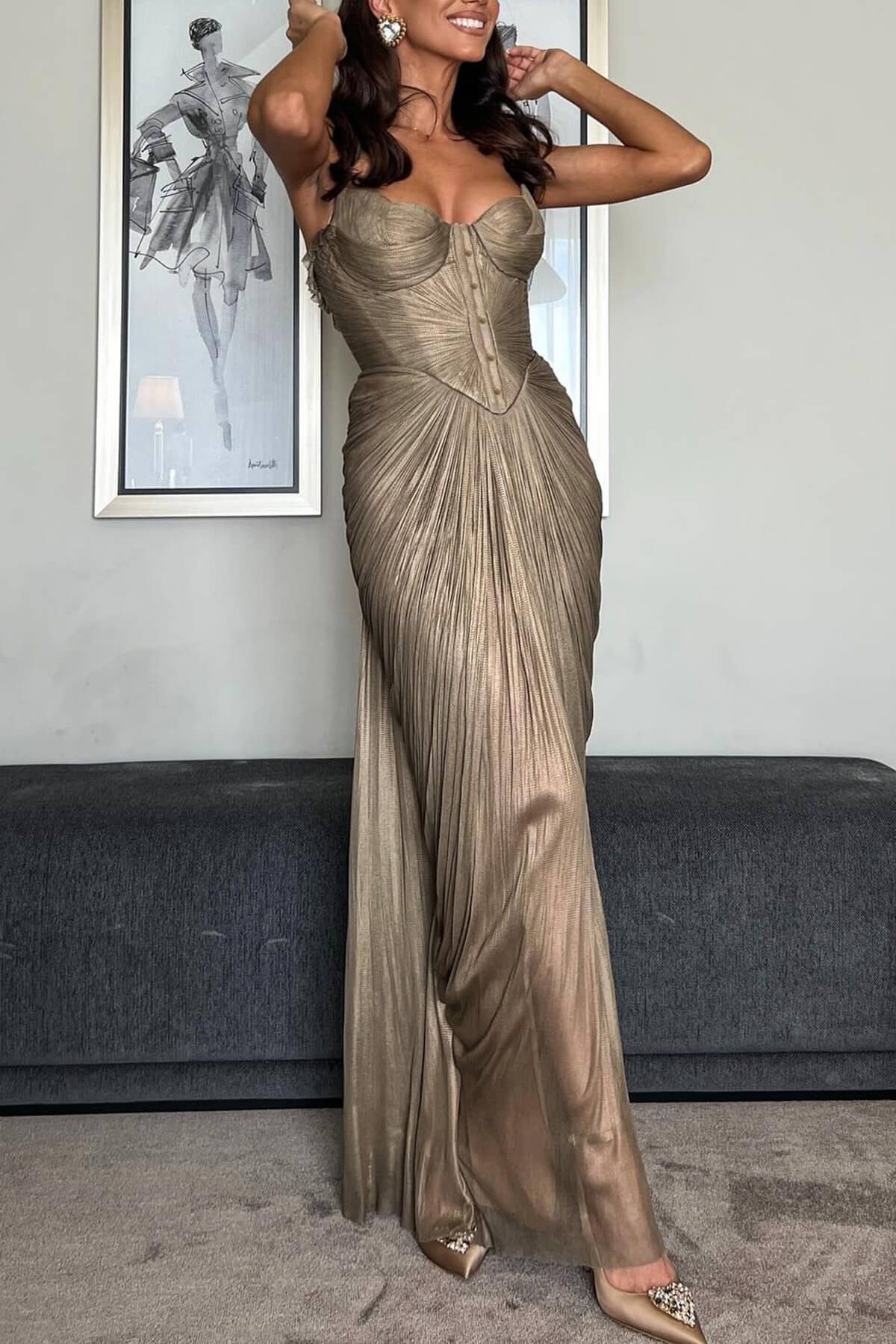 Elegante Geplooide Metalen Tailleband Party Split Gown Maxi Jurk