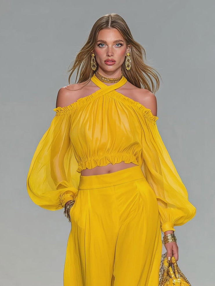 Elegante Off-Shoulder Top & Brede Pantalon Twee-Delige Set