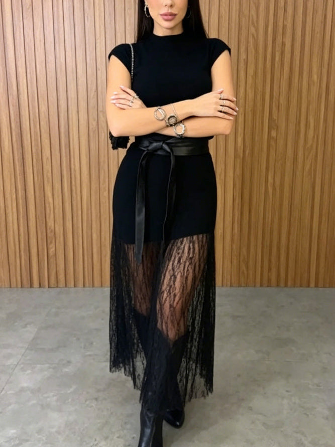 Mouwloze Maxi-jurk met Kantpaneel