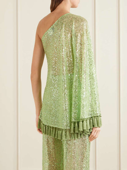 Elegante Eén-Schouder Pailletten Franje Top & Flared Broek Twee-Delige Set