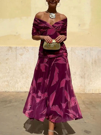 Elegante Off-Shoulder Rimpelblad Print Maxi Jurk