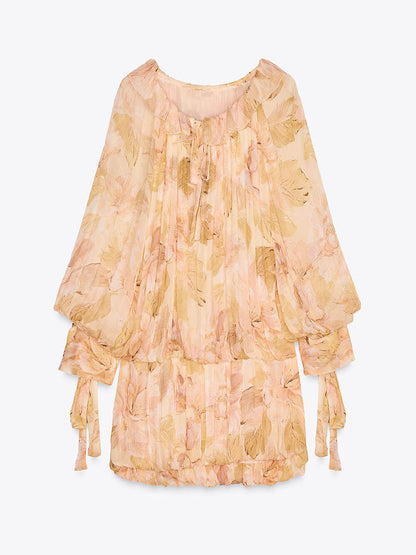 Prachtige Vlinder Kus Bloemen Ballon Mouw Elastische Taille Puff Hem Mini Jurk