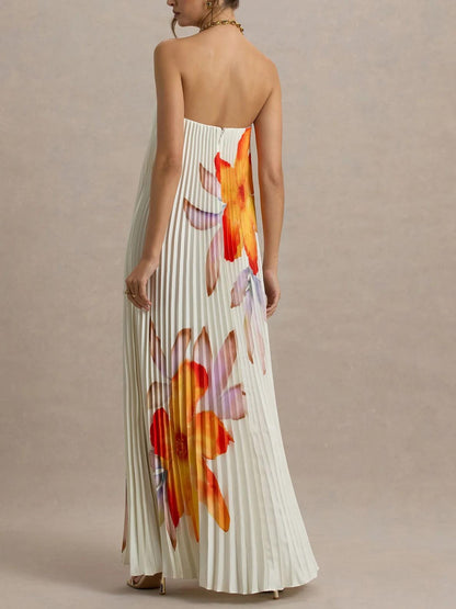 Elegante Sweetheart Oranje Bloemenprint Plissé Maxi Jurk